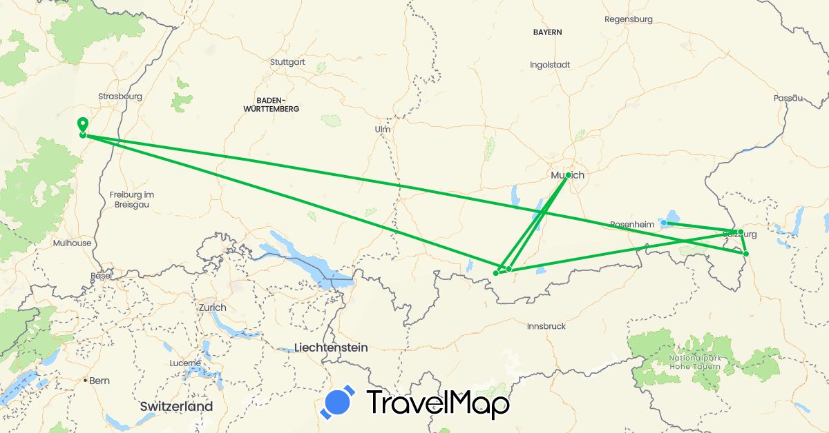 TravelMap itinerary: bus, boat in Austria, Germany, France (Europe)